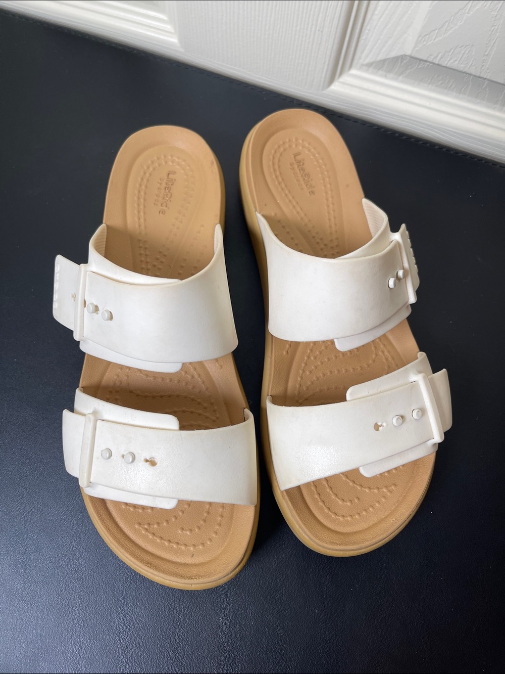 CROCS Women's White Double-Buckle Slide Sandals